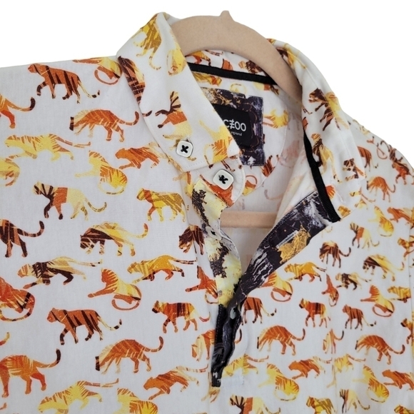 Maceoo Cotton Button-Down Polo Tiger Print White Orange - Picture 5 of 8